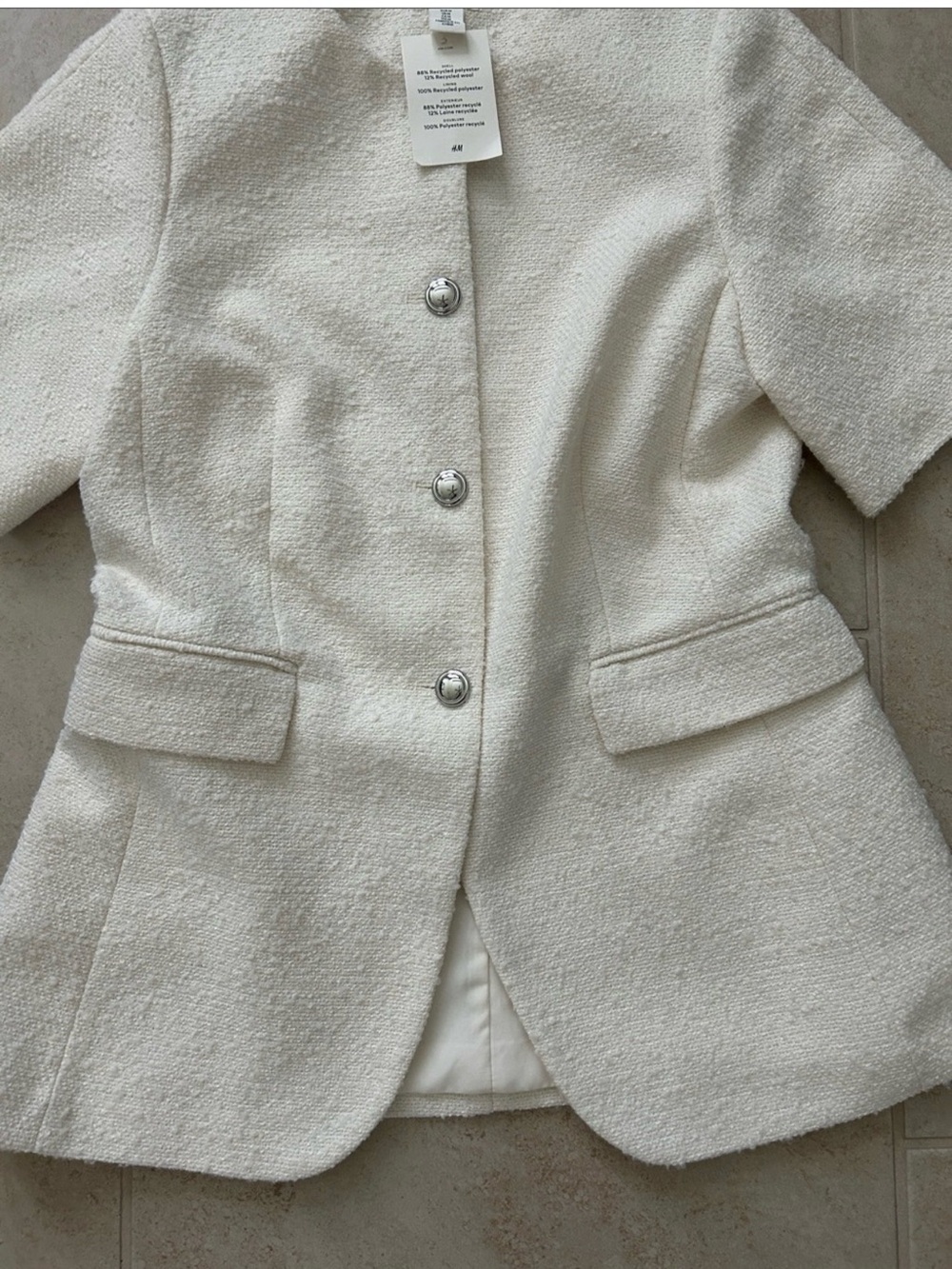 NWT H&M White Short-Sleeve Bouclé Textured Jacket - Picture 3 of 4